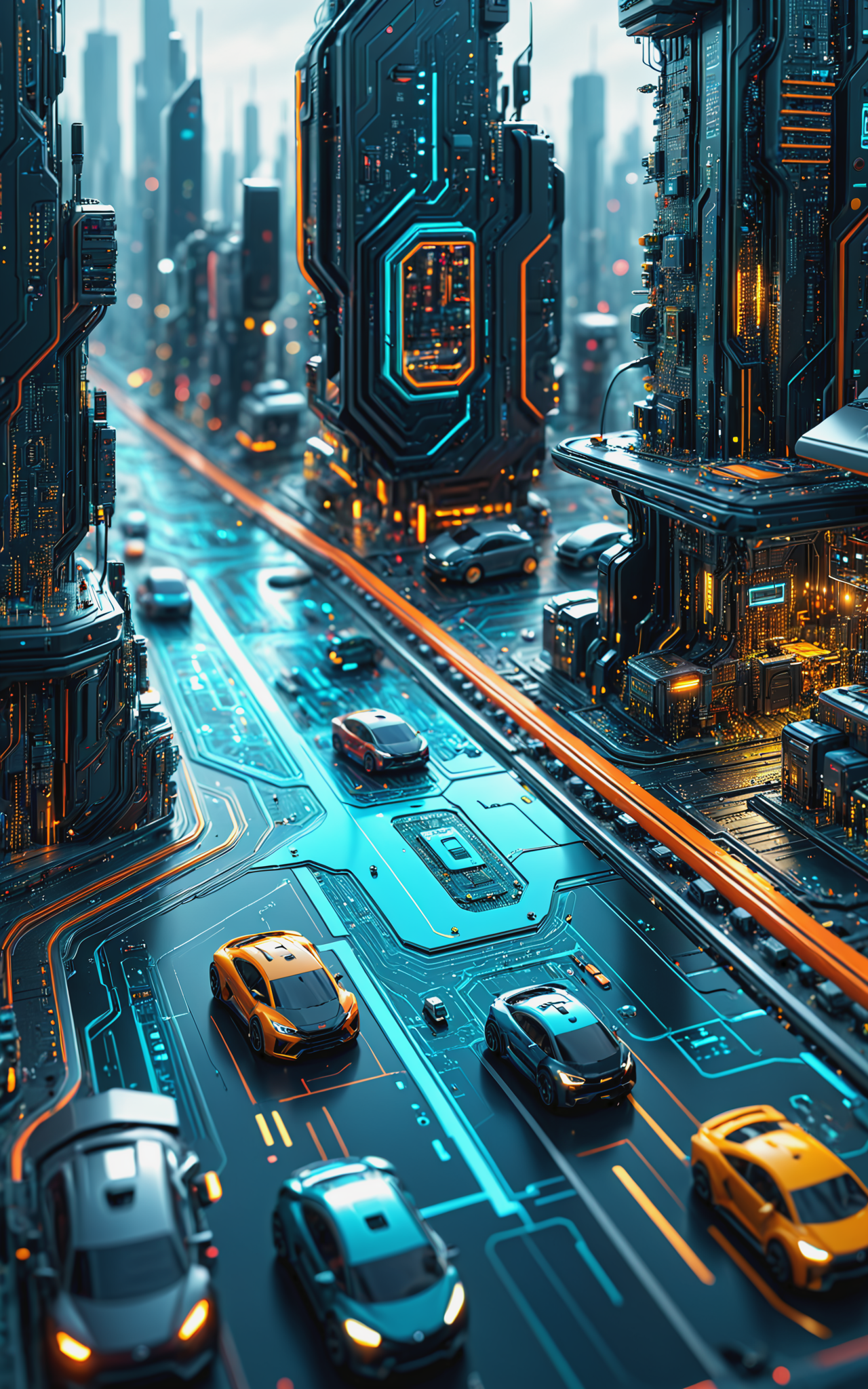 09459-2478333612-closeup of a circuit board city with very small futuristic cars, small flying vehicles, small robots and small humans, ultra hd,.png